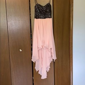 black and pink strapless party dress